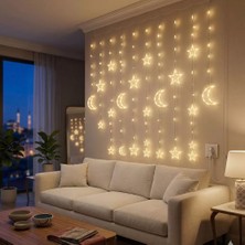 Renas Store 3 Metre Perde LED Işık Zinciri - Yıldız ve Ay Figürlü Sarı Işık Uç Uca Eklenebilir