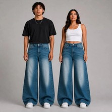 St.Poll Eskitme Turkuaz Mavisi Yıkamalı Baggy Jean