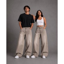 St.Poll Eskitme Yıkamalı Bej Baggy Jean