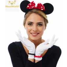 Renas Store Üreticiniz Kırmızı Fiyonklu Minnie Mouse Tacı ve Beyaz Eldiven Seti