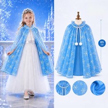 Renas Store Kar Tanesi Desenli Mavi Elsa Pelerini - Astarlı Frozen Pelerini 85 cm