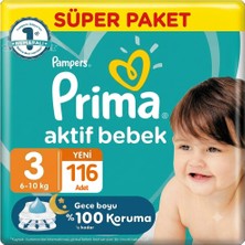Prima 3 Beden Aktif Bebek Bezi Süper Paket 58X2 116 Adet