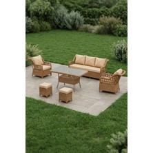 Dora Garden Home Ecem 7 Kişilik  3+1+1 2 Adet Puff Hediyeli Rattan Bahçe Takımı Kahverengi(Siyah Çizgili)