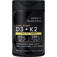 Sports Research Plant-Based D3 + K2 125 Mcg Vitamin D3 5000 Iu - 100 Mcg K2 As Mk-7 160 Veggie Softgels