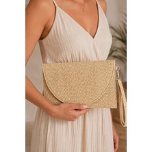 CLASSBAG Kadın Krem Hasır Görünümlü Zarif Zarf Model, Bilek Askılı Orta Boy Portföy Clutch Çanta (30CMX19CM)