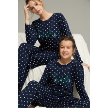 Siyah İnci Lacivert Puan Desenli Pamuklu Bisiklet Yaka Örme Pijama TAKIM25241121