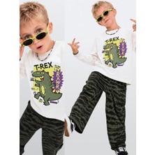 Denokids Erkek Çocuk Takım Dinozor Baskılı %100 Pamuk T-shirt ve Pantolon (3-8 Yaş)