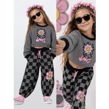 Denokids Kız Çocuk Eşofman Takım Crop Sweatshirt - Damalı Bol Eşofman Altı Oversize Kışlık (4-10 Yaş)