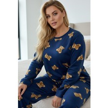 Siyah İnci Mavi Ayıcık Desenli Büyük Beden Polar Kışlık Örme Pijama Takım