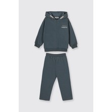 Panço Erkek Bebek Kapüşonlu Fermuarlı Sweatshirt Beli Lastikli Petrol 2'li Eşofman Takımı