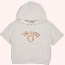 Panço Kız Çocuk Kapüşonlu Kısa Kollu Ön Bedeni Simli Nakışlı Cepli Bej Sweatshirt