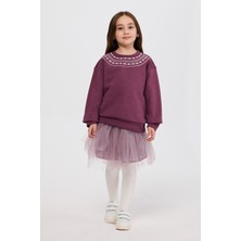 Panço Kız Çocuk Nakışlı Mürdüm Sweatshirt