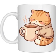 TeknoKapsül Sevimli Kedi Tasarımlı Porselen Kupa Model 188 – Kahve Içen Tatlı Kedi Figürlü Kahve Kupası – Kedi Severlere Hediye Kupa Bardak