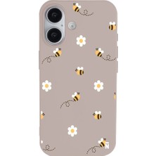 Casen iPhone 16 Plus Pudra Lansman Renkli Silikon Bees And Flowers Tasarımlı Kılıf