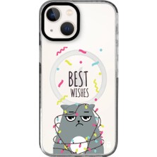 Casen iPhone 15 Plus Yanları Siyah Magsafe Arty Şeffaf Best Wishes Kedi Tasarımlı Premium Kılıf