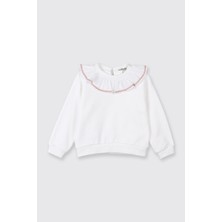 Panço Kız Bebek Fırfır Yaka Detaylı Su Taşı Detaylı Beyaz Sweatshirt