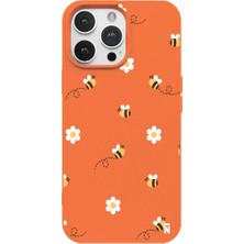 Casen iPhone 12 Pro Max Turuncu Lansman Renkli Silikon Bees And Flowers Tasarımlı Kılıf