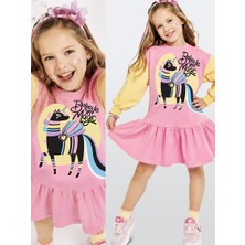 Denokids Kız Çocuk Unicorn Baskılı Pamuklu Elbise – Pembe Renkli Kollu Rahat ve Eğlenceli Tasarım (3-8 Yaş)