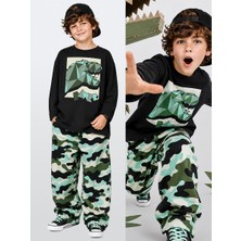 Denokids Erkek Çocuk Takım Dinozor Baskılı Kamuflaj-Pantolon %100 Pamuk (5-11 Yaş)