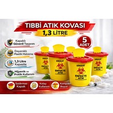 TeknoKapsül Tıbbi Atık Kovası 1,3 Litre 5 Adet Kapaklı Tıbbi Atık Kutusu Enfekte Atık Kovası Seti