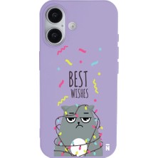 Casen iPhone 16 Plus Lila Lansman Renkli Silikon Best Wishes Kedi Tasarımlı Kılıf
