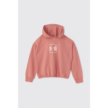 Panço Kız Çocuk Baskılı Kapüşonlu Pembe Sweatshirt