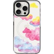 Casen iPhone 15 Pro Yanları Siyah Magsafe Arty Şeffaf Colorful Bulut Tasarımlı Premium Kılıf
