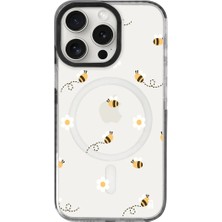 Casen iPhone 14 Pro Yanları Siyah Magsafe Arty Şeffaf Bees And Flowers Tasarımlı Premium Kılıf