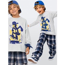 Denokids Erkek Çocuk Takım Ördek Baskılı %100 Pamuk T-shirt - Ekose Dokuma Pantolon (6-11 Yaş)
