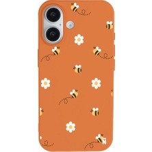 Casen iPhone 16 Plus Turuncu Lansman Renkli Silikon Bees And Flowers Tasarımlı Kılıf