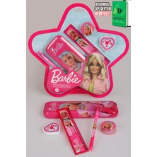 x Dekomus Lisanslı Barbie Yıldız Tasarımlı 5'li Kırtasiye Seti Metal Kalem Kutusu,cetvel,kalem
