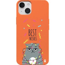 Casen iPhone 14 Turuncu Lansman Renkli Silikon Best Wishes Kedi Tasarımlı Kamera Korumalı Telefon Kılıf