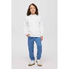 Panço Erkek Çocuk Kapüşonlu Nakışlı Kanguru Cepli Kontrast Dikiş Detaylı Beyaz Sweatshirt