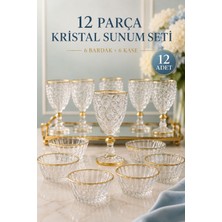 Mutfiko 12 Parça Kristal Sunum Seti Gold Detaylı | 6 Bardak + 6 Kase | Cam Kahve ve Tatlı Ikram Seti