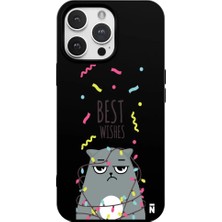 Casen iPhone 12 Pro Siyah Lansman Renkli Silikon Best Wishes Kedi Tasarımlı Kılıf