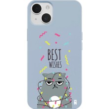 Casen iPhone 14 Plus Mavi Lansman Renkli Silikon Best Wishes Kedi Tasarımlı Kamera Korumalı Telefon Kılıf