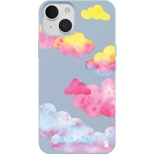 Casen iPhone 14 Mavi Lansman Renkli Silikon Colorful Bulut Tasarımlı Kamera Korumalı Telefon Kılıf