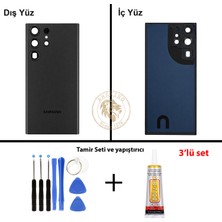 Arsking Samsung S23 Ultra Siyah Arka Pil Kapağı Batarya Kapağı Lazer Kesim + Yapıştırıcı ve Vida Seti
