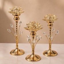 Mis Kitchen  Gold Kristal Lotus 3’lü Şamdan Seti – Metal Gövdeli Dekoratif Mumluk, Salon ve Masa Dekoru
