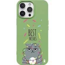 Casen iPhone 14 Pro Yeşil Lansman Renkli Silikon Best Wishes Kedi Tasarımlı Kılıf