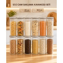 Denaro Home 12’li 22 cm Borosilikat Cam Kavanoz Seti Silikon Kapaklı Şeffaf Çizgili Saklama Kabı