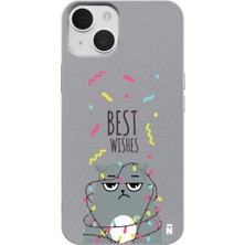 Casen iPhone 14 Plus Gri Lansman Renkli Silikon Best Wishes Kedi Tasarımlı Kamera Korumalı Telefon Kılıf