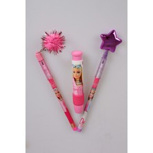 x Dekomus Lisanslı Barbie Ponponlu Geçmeli Kalem,ponponlu Geçmeli Kalem ve Basmalı Silgi Seti