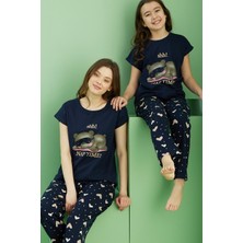 Siyah İnci Lacivert Desenli Pamuklu Bisiklet Yaka Örme Pijama TAKIM25117072