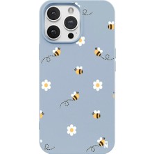 Casen iPhone 14 Pro Max Mavi Lansman Renkli Silikon Bees And Flowers Tasarımlı Kılıf
