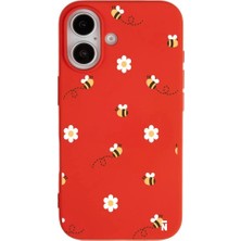 Casen iPhone 16 Plus Kırmızı Lansman Renkli Silikon Bees And Flowers Tasarımlı Kılıf