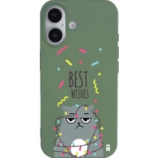 Casen iPhone 16 Plus Yeşil Lansman Renkli Silikon Best Wishes Kedi Tasarımlı Kılıf