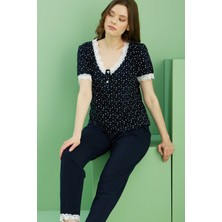 Siyah İnci Lacivert Desenli V Yaka Düğmeli Örme Pamuklu Pijama TAKIM25113259