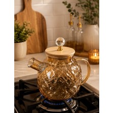 Ateşe Dayanıklı Borosilikat Cam Demlik 1500 ml – Bambu Kapaklı Amber Cam Sürahili Çaydanlık Dh-41