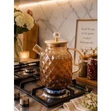 Ateşe Dayanıklı Borosilikat Cam Demlik 1800 ml – Bambu Kapaklı Amber Cam Sürahili Çaydanlık Dh-43
